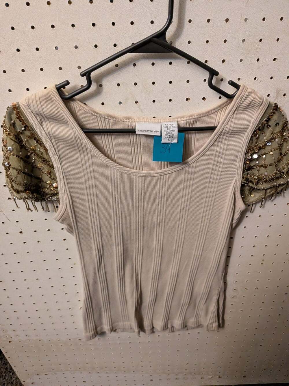 Newport News Ribbed Cotton Top with Sequin Beaded Mesh Sleeves
